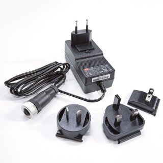 Netzteil, Steckernetzteil, ~40W, mit AC Wechseladaptern (Plug Set EU, US, UK, AU), Ausgang Festspannung 24V DC, M12 Sensorbuchse A-kodiert, gerade